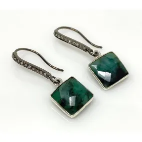 Genuine Emerald Earrings, Pave Diamond Earrings, Sterling Silver