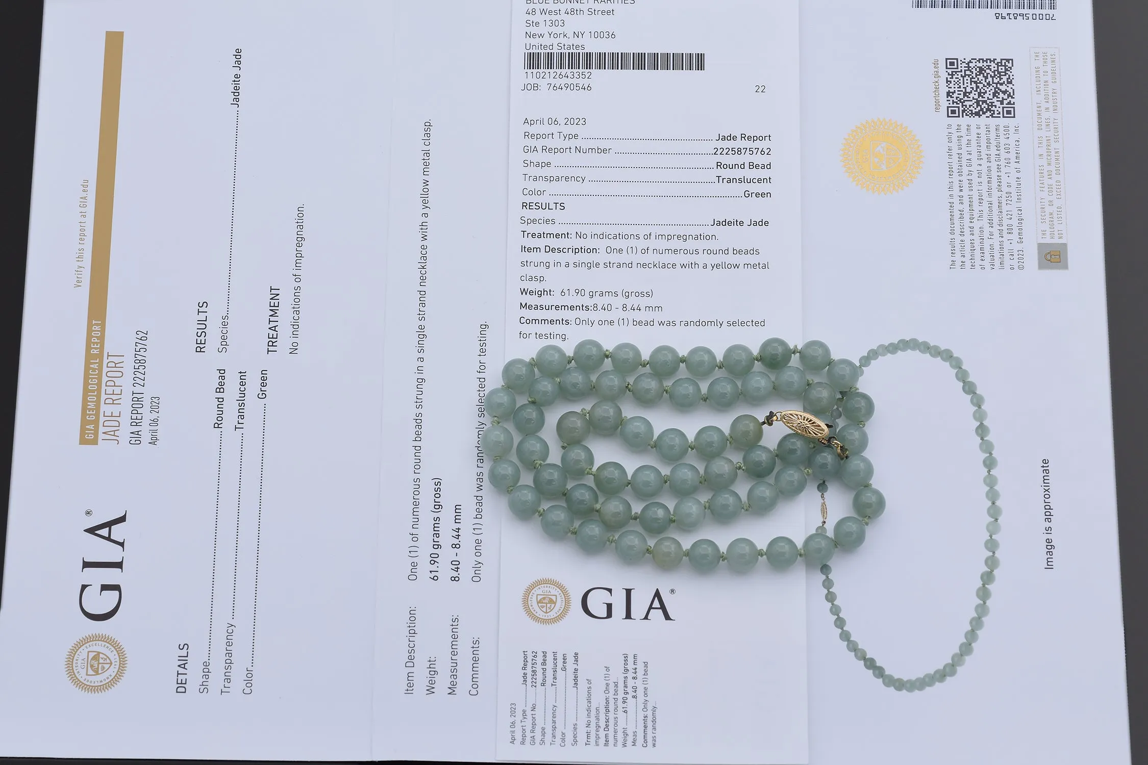 GIA 14K Yellow Gold Translucent Green Jadeite Jade Beaded Strand Necklace