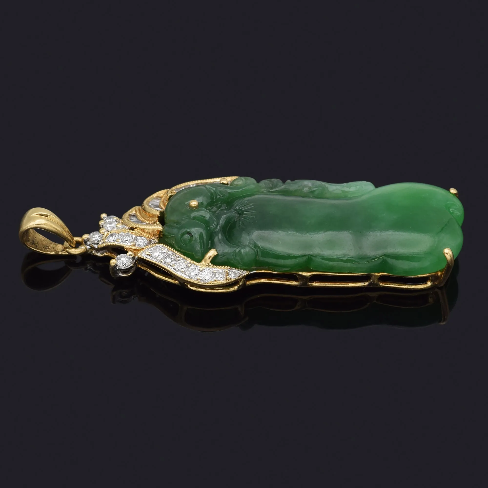 GIA 18K Gold Natural Translucent Green Grade A Jadeite Jade & Diamond Pendant