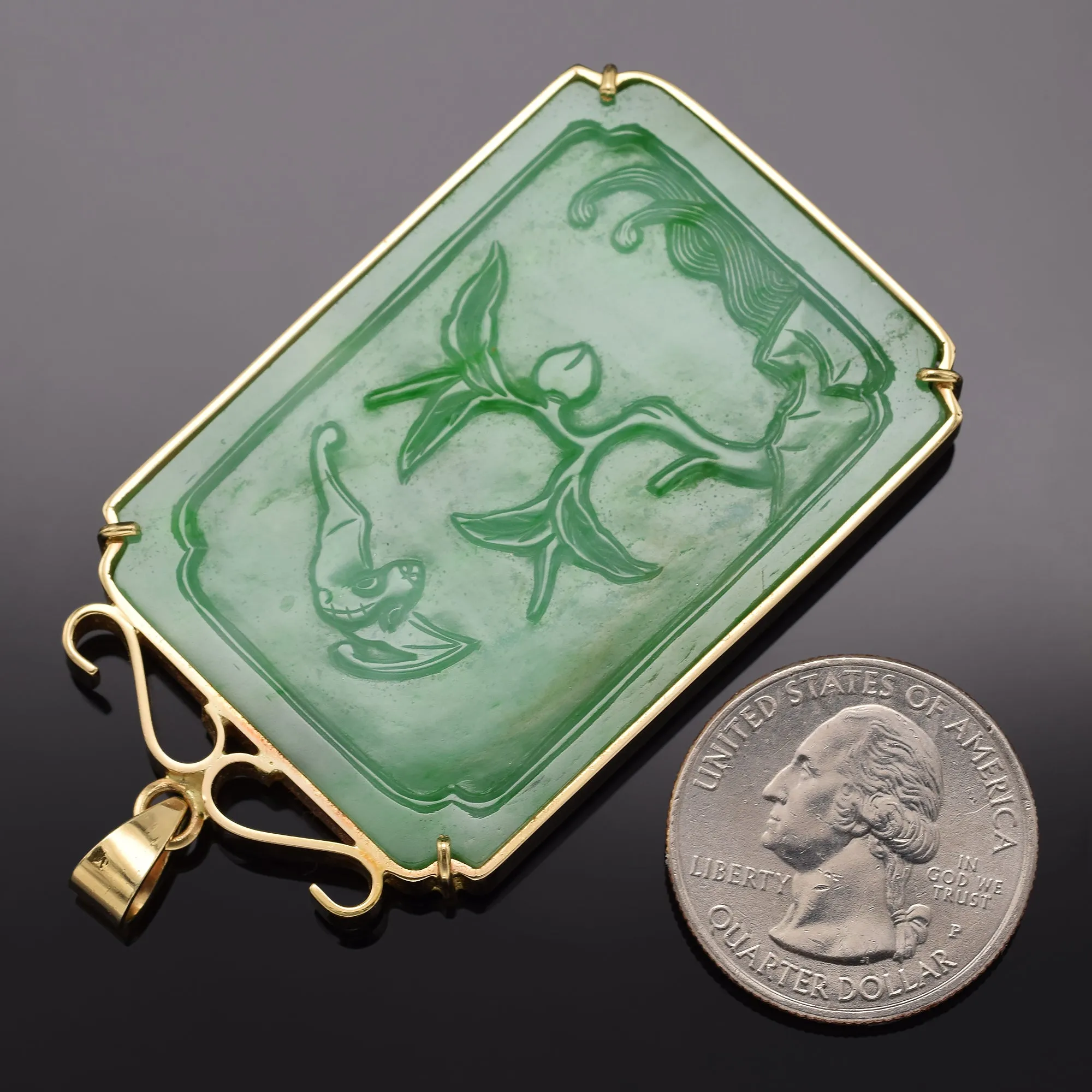 GIA Cert Antique 14K Gold Translucent Mottled Green Grade A Jadeite Jade Pendant