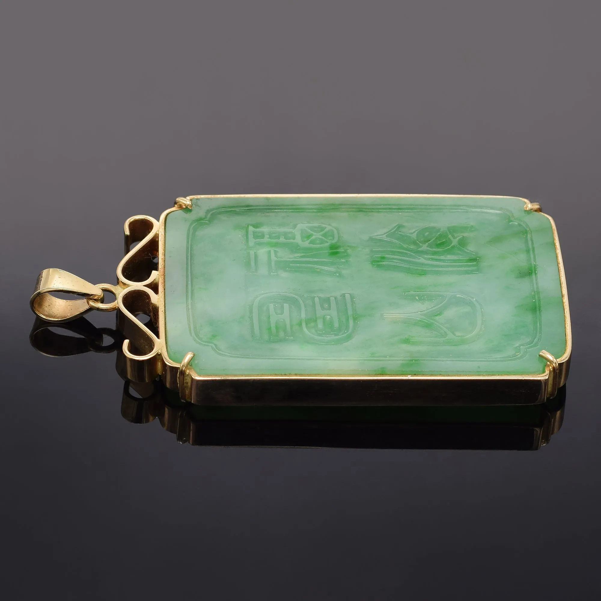 GIA Cert Antique 14K Gold Translucent Mottled Green Grade A Jadeite Jade Pendant