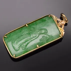 GIA Cert Antique 14K Gold Translucent Mottled Green Grade A Jadeite Jade Pendant