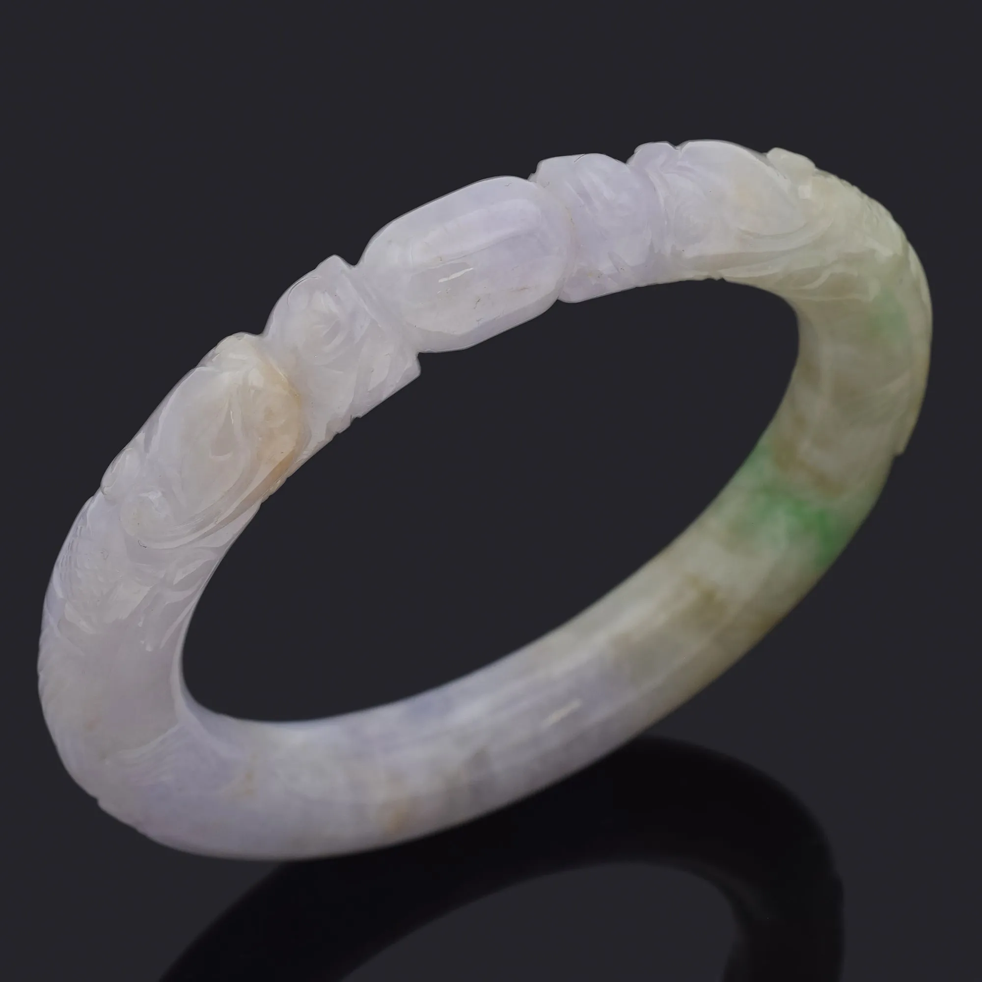 GIA Cert Translucent Variegated Green Purple Carved Jadeite Jade Bangle Bracelet