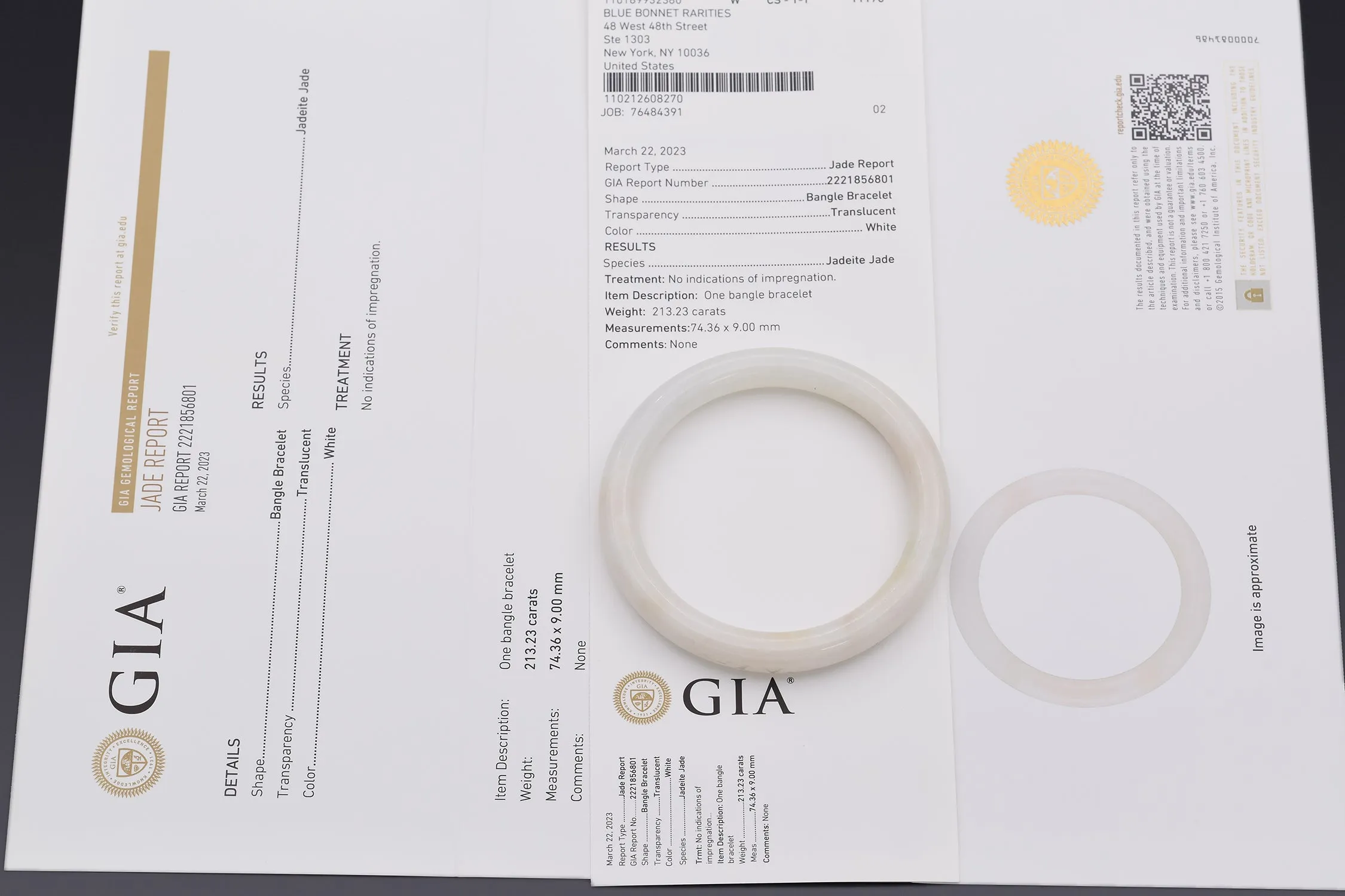 GIA Certified Translucent White Jadeite Jade Bangle Bracelet