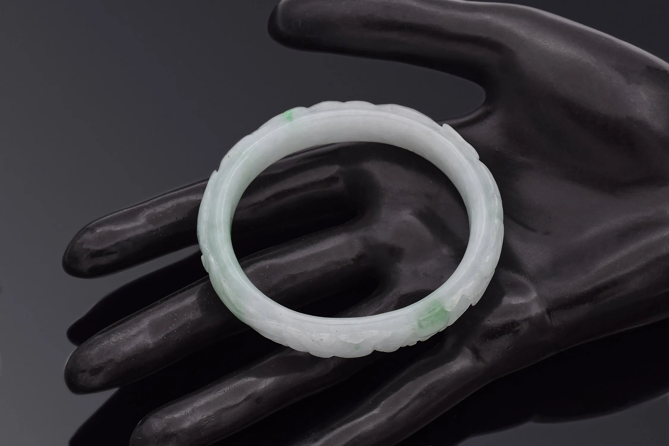 GIA Translucent Variegated Light Gray & Green Carved Jadeite Jade Bangle Bracelet