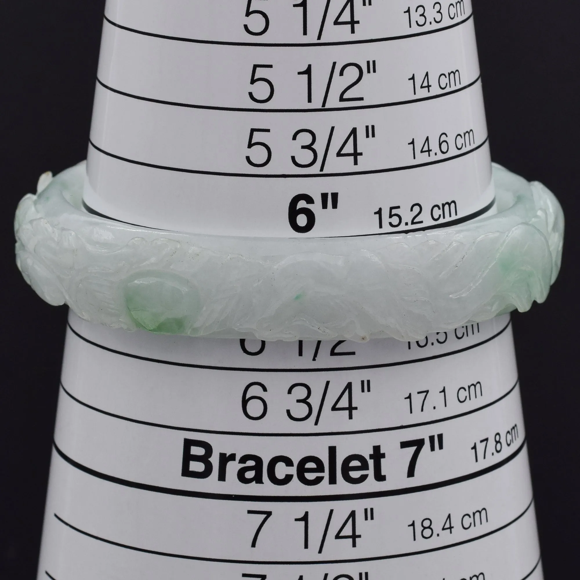 GIA Translucent Variegated Light Gray & Green Carved Jadeite Jade Bangle Bracelet