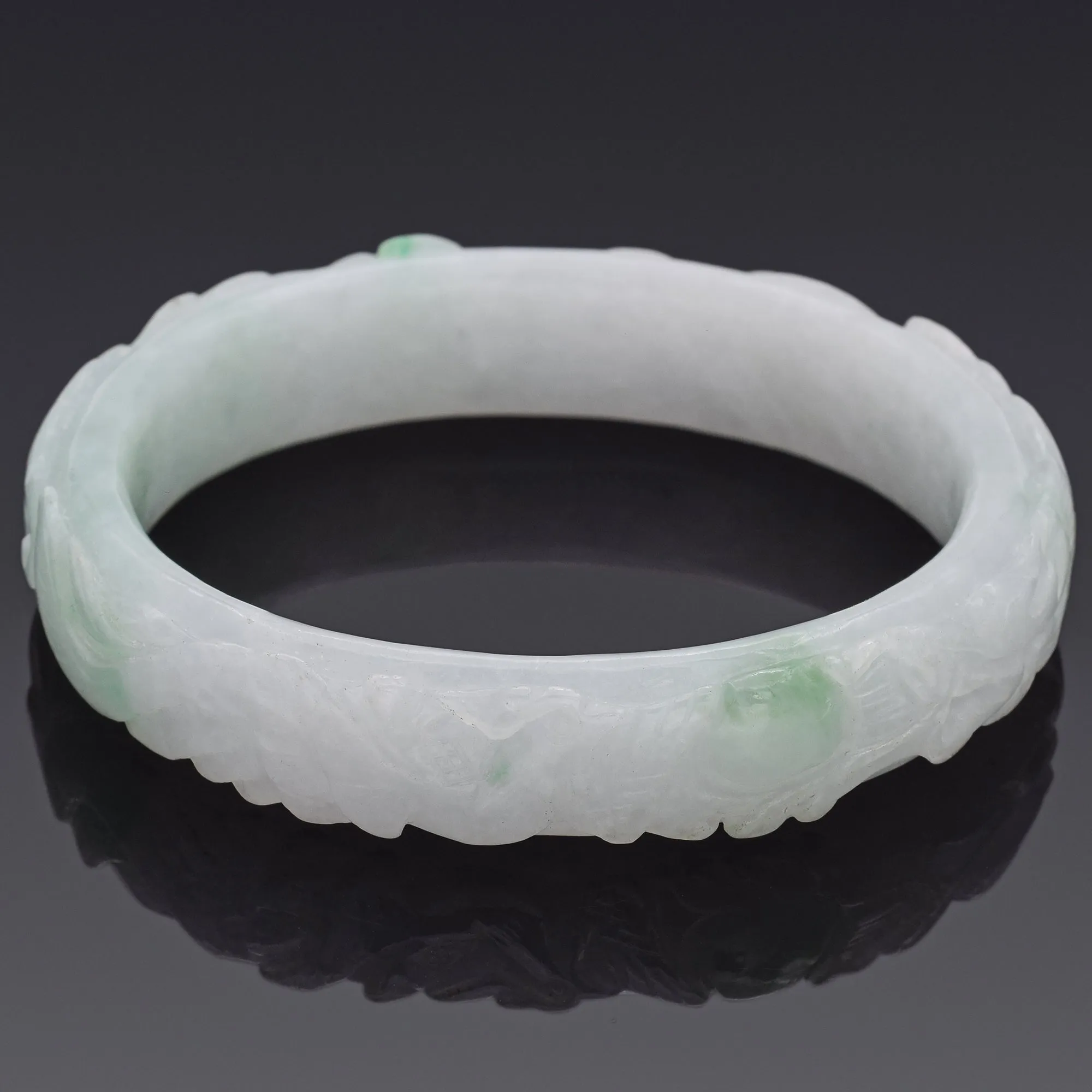 GIA Translucent Variegated Light Gray & Green Carved Jadeite Jade Bangle Bracelet