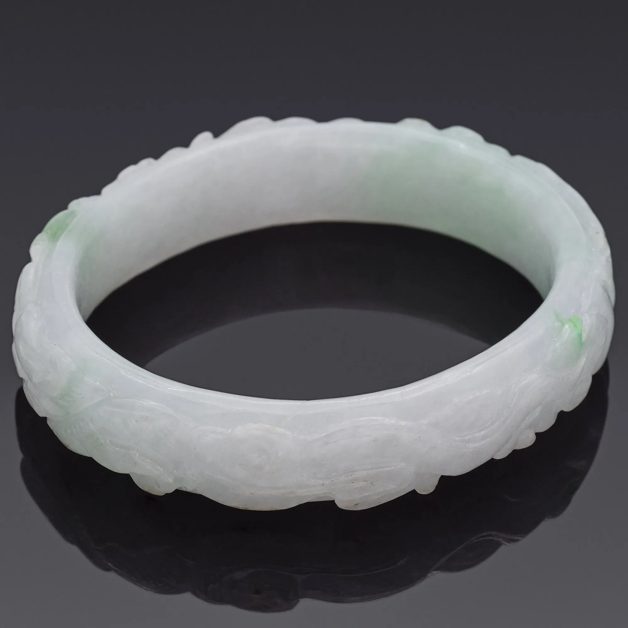 GIA Translucent Variegated Light Gray & Green Carved Jadeite Jade Bangle Bracelet