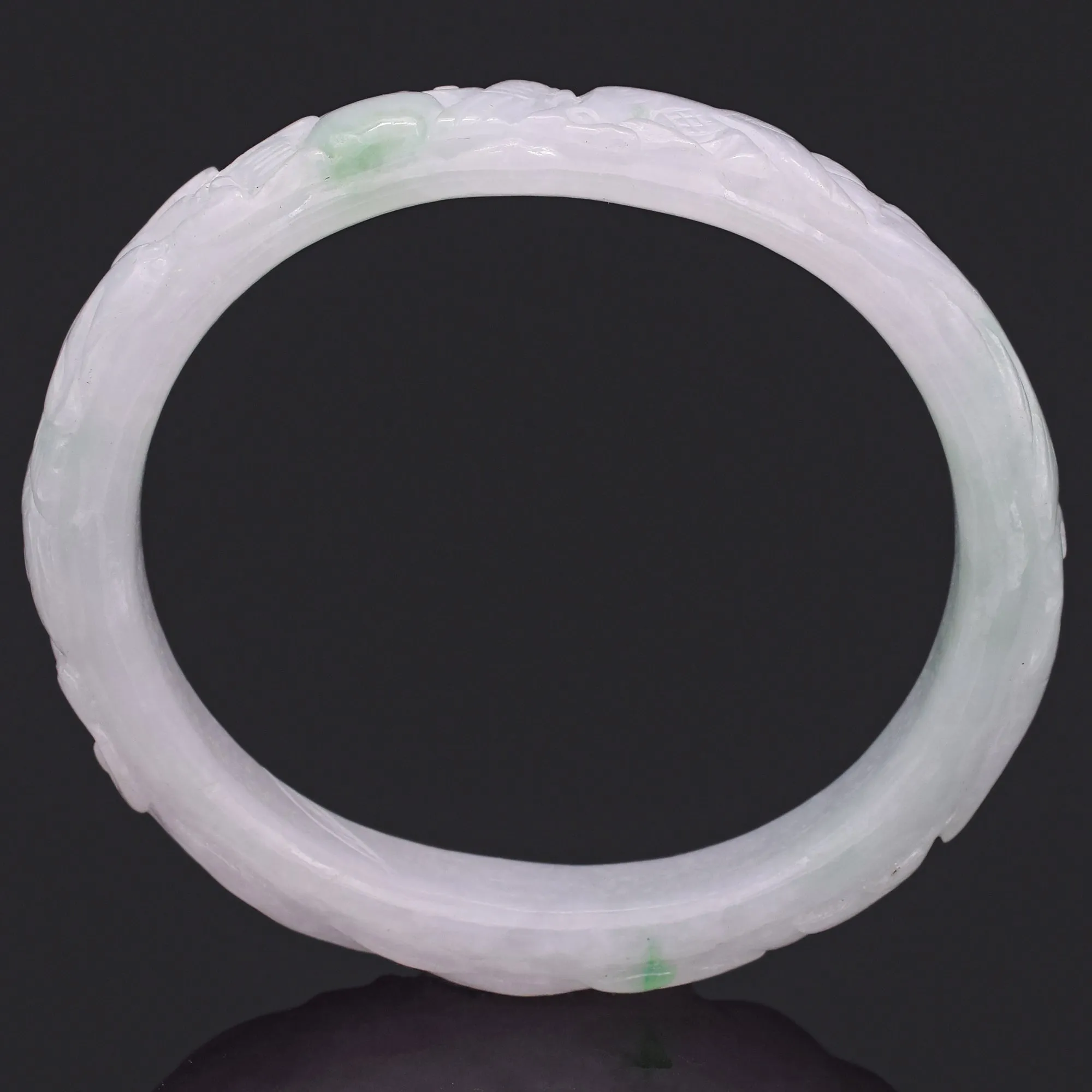 GIA Translucent Variegated Light Gray & Green Carved Jadeite Jade Bangle Bracelet