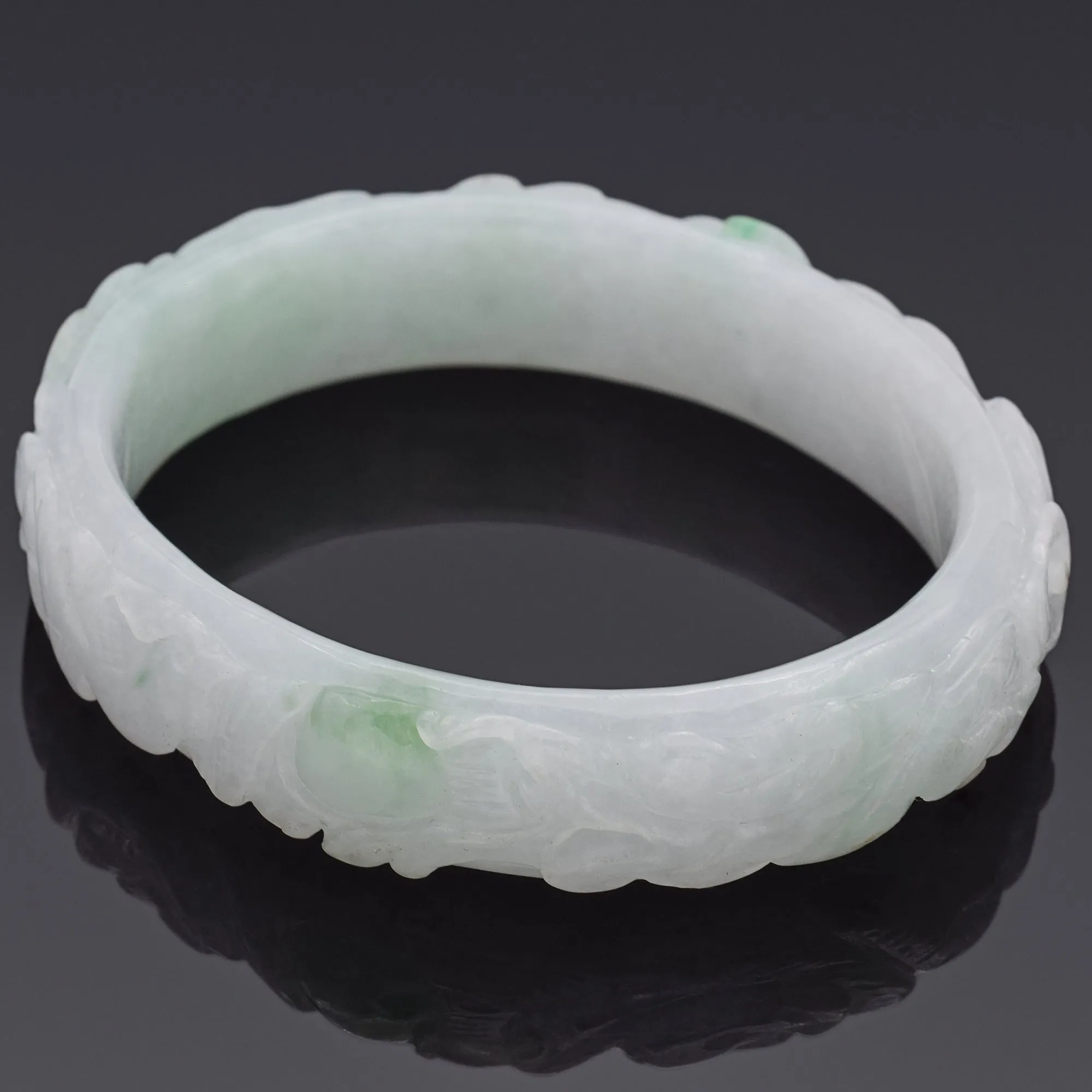 GIA Translucent Variegated Light Gray & Green Carved Jadeite Jade Bangle Bracelet