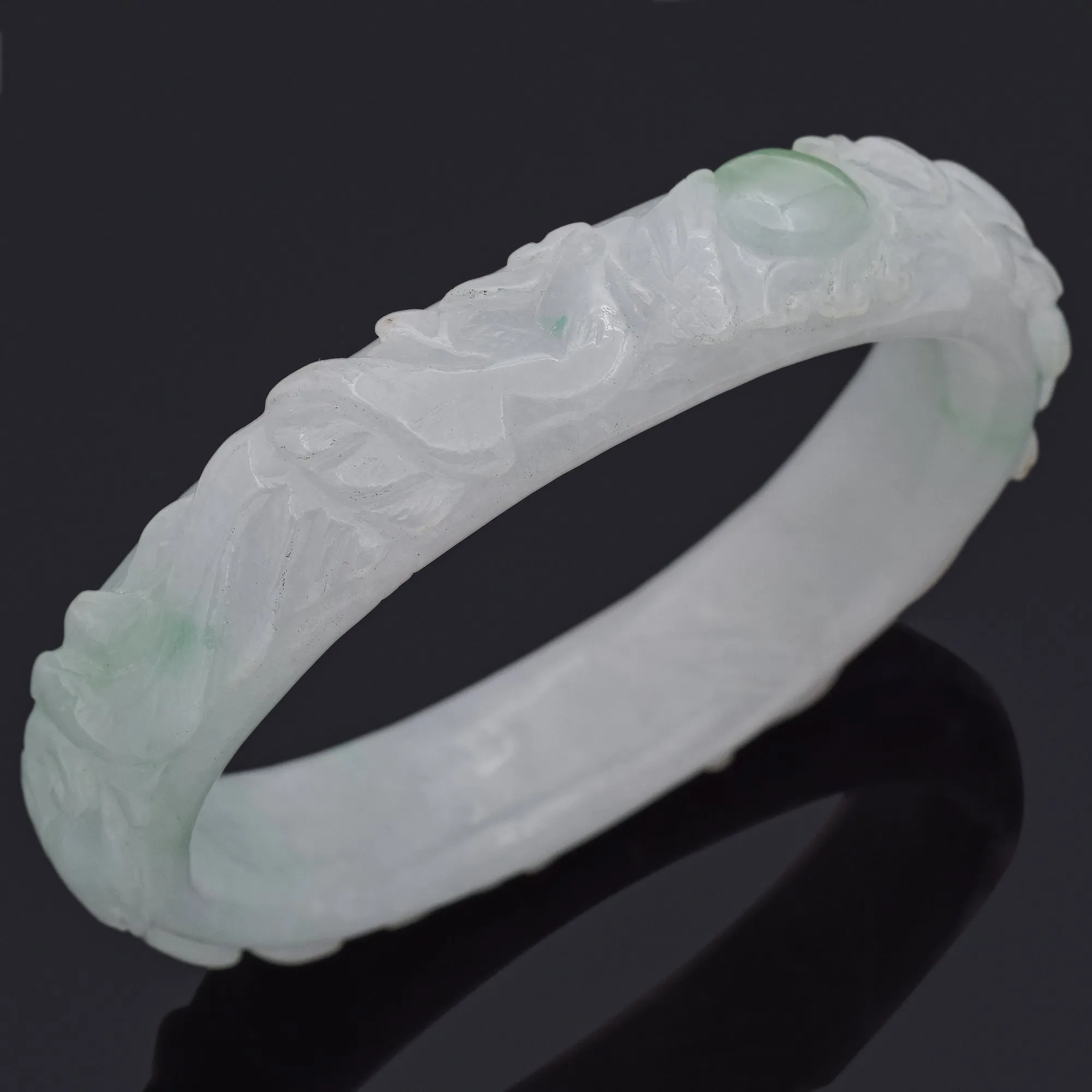 GIA Translucent Variegated Light Gray & Green Carved Jadeite Jade Bangle Bracelet