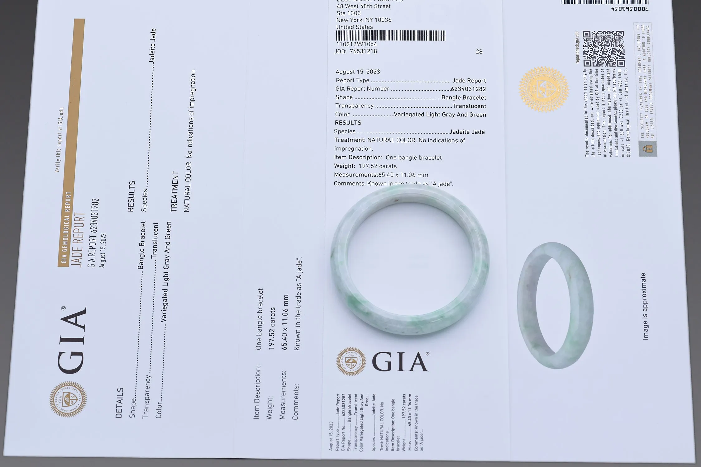 GIA Variegated Natural Light Gray & Green Grade A Jadeite Jade Bangle Bracelet