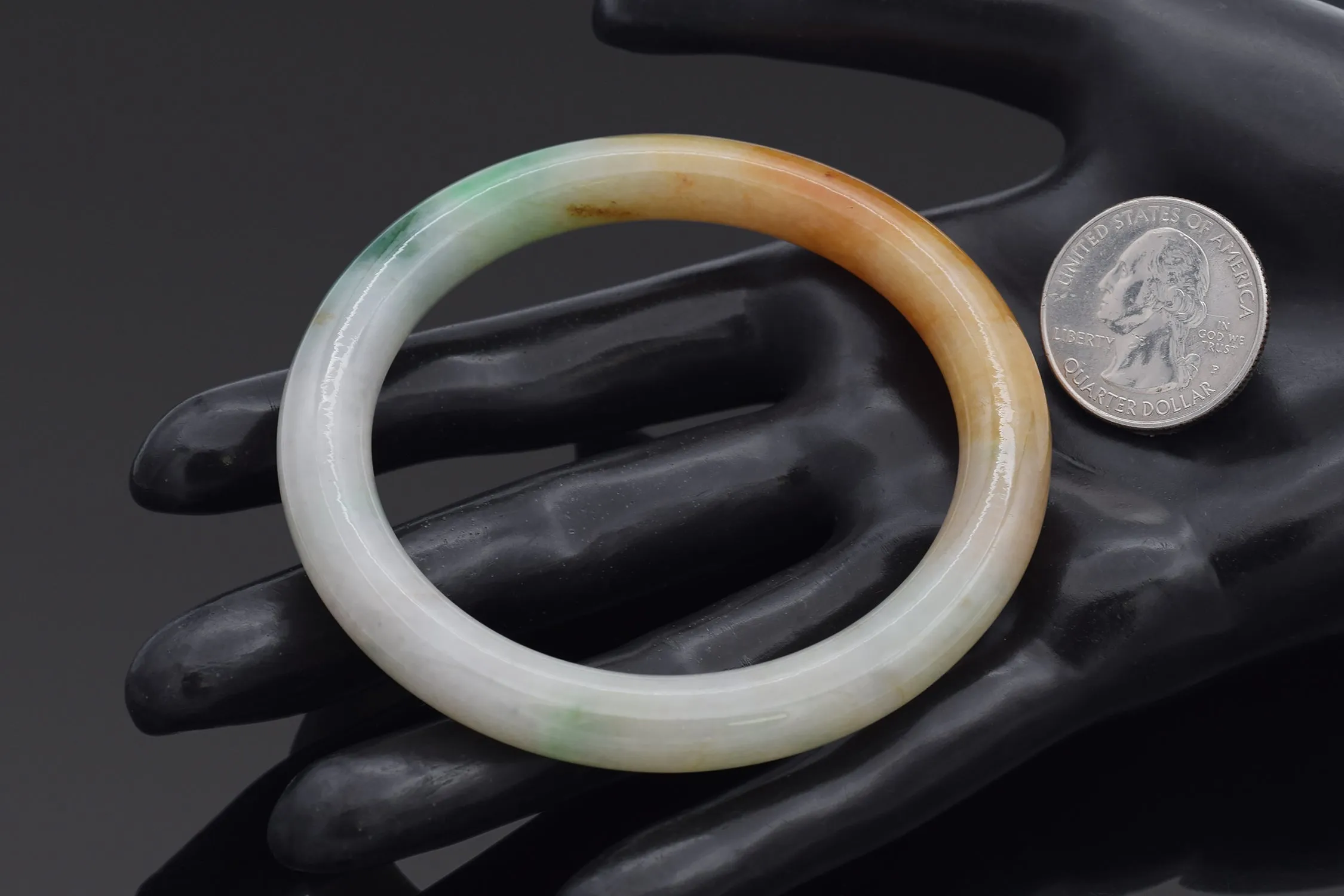 GIA Variegated White, Brown Orange & Natural Green Jadeite Jade Bangle Bracelet