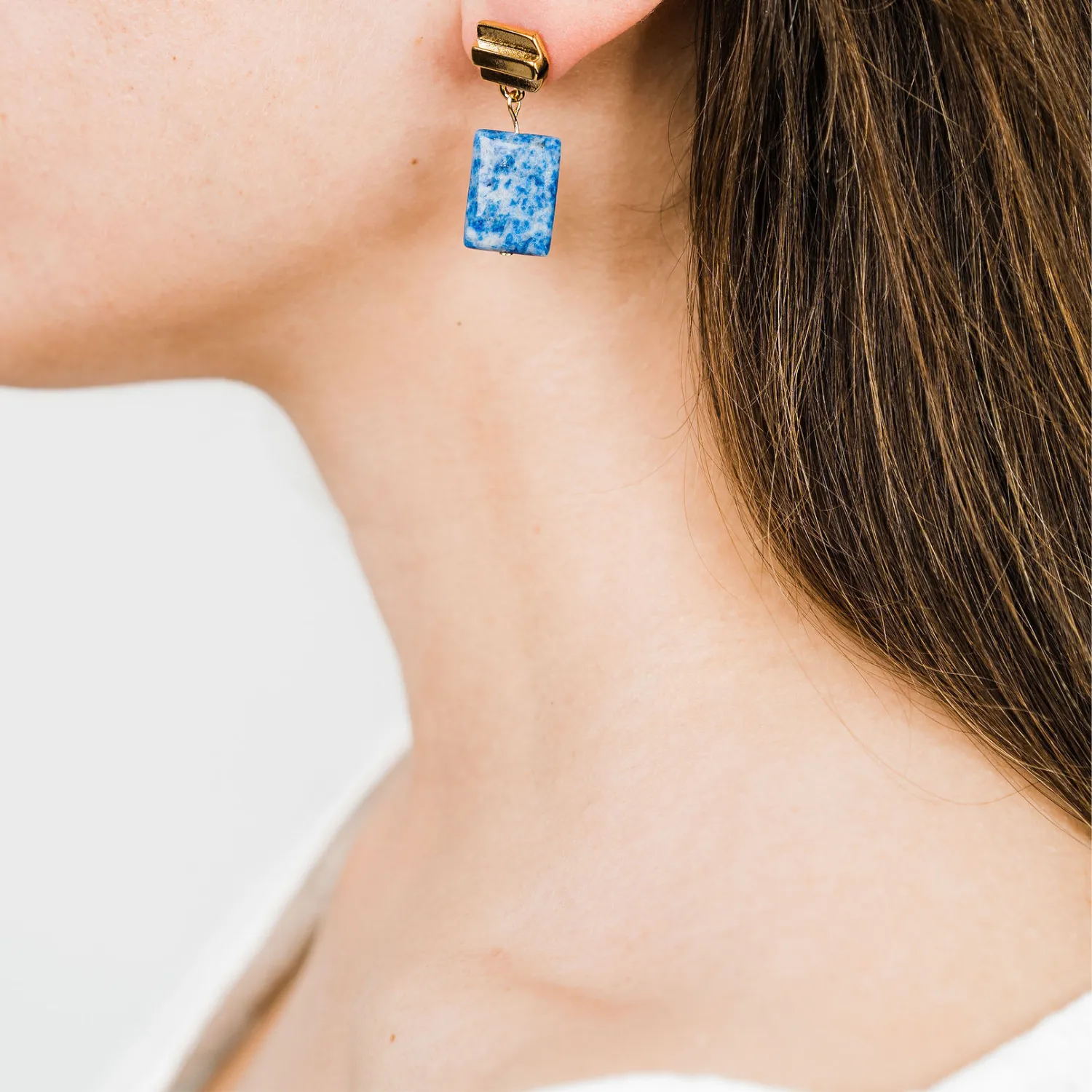 gold layered dome   denim lapis earrings