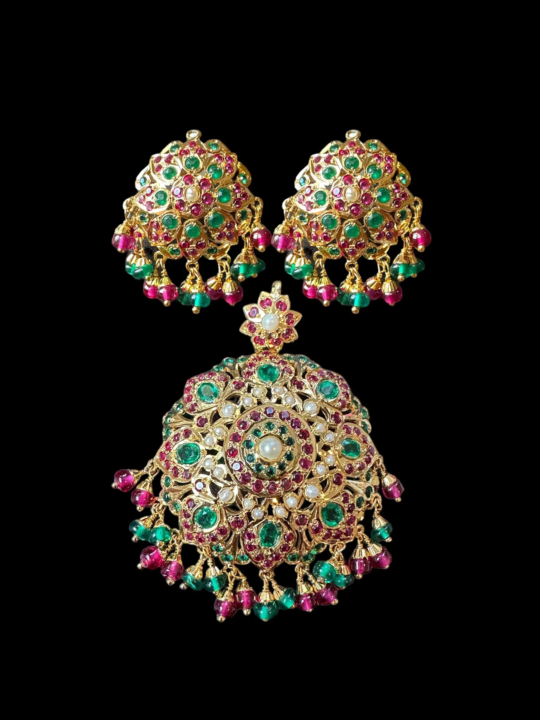 Gold plated jadau silver pendant set in ruby emeralds   ( READY TO SHIP )