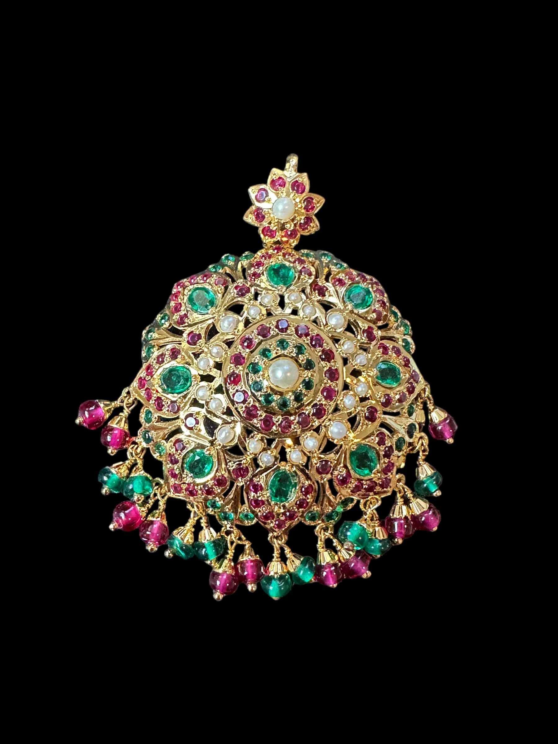 Gold plated jadau silver pendant set in ruby emeralds   ( READY TO SHIP )