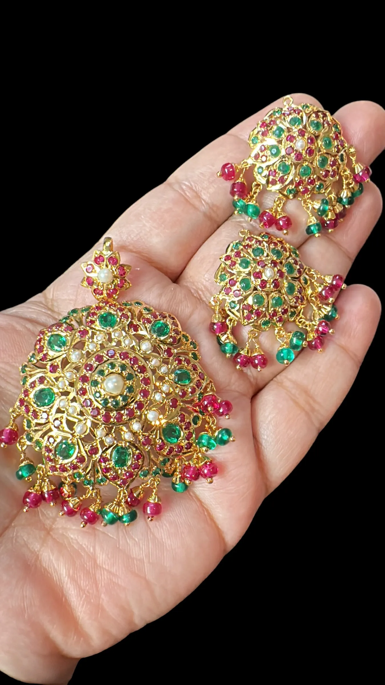 Gold plated jadau silver pendant set in ruby emeralds   ( READY TO SHIP )