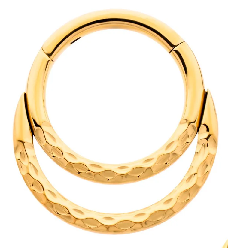 Gold PVD Hammered Double Hoop Titanium Hinged Segment Ring