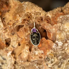 Golden Sheen Obsidian Skull~ Wire Wrapped Pendant with Amethyst Accents~