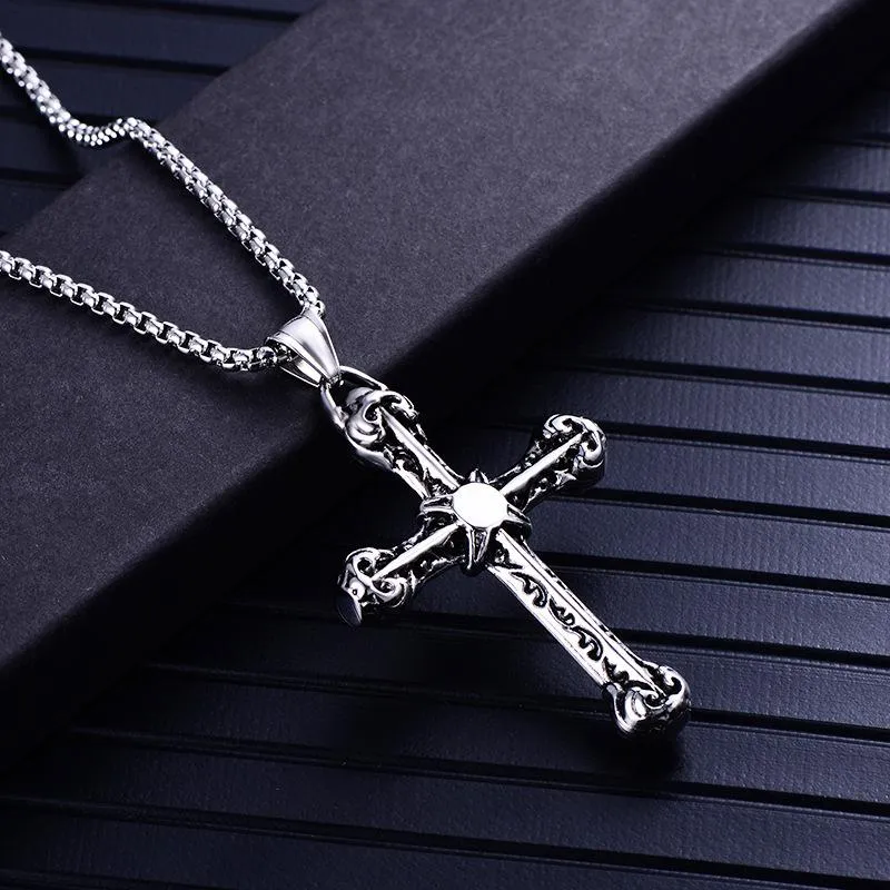 Gothic Silver or Gold Stainless Steel Cross Pendant and Chain Necklace