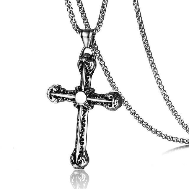 Gothic Silver or Gold Stainless Steel Cross Pendant and Chain Necklace