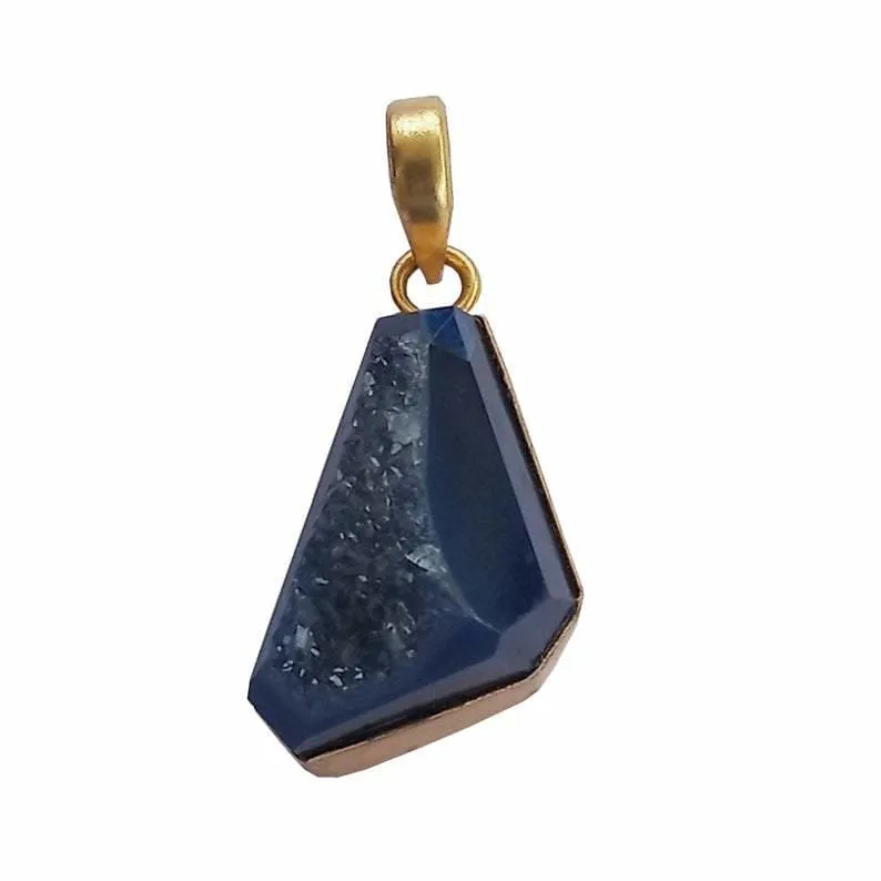 Handcrafted 18K Gold Plated Blue Druzy Drop Pendant