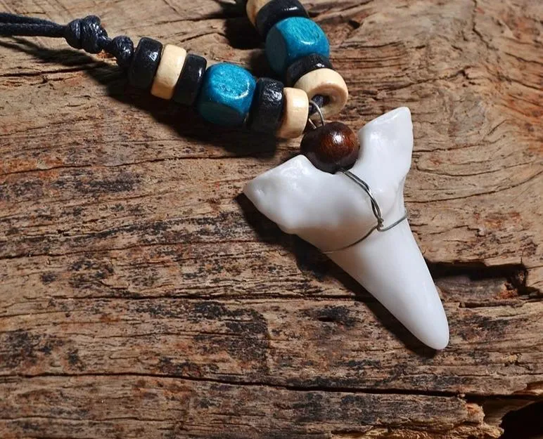 Handmade Maori Tribal Bone Choker Ceramic Shark Tooth Pendant Necklace