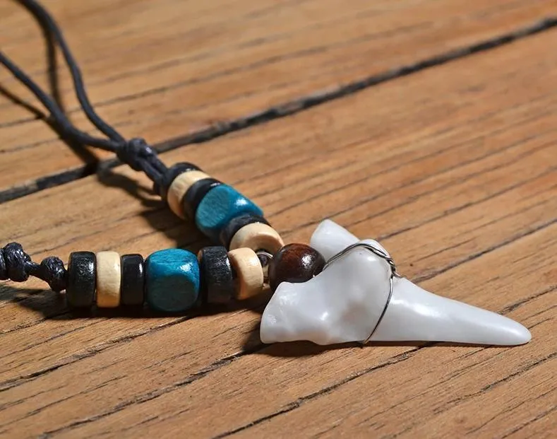 Handmade Maori Tribal Bone Choker Ceramic Shark Tooth Pendant Necklace