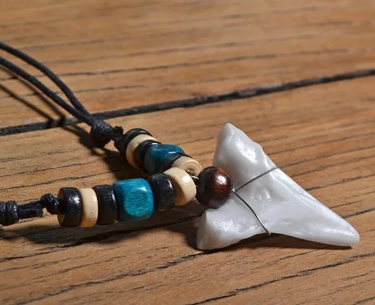 Handmade Maori Tribal Bone Choker Ceramic Shark Tooth Pendant Necklace