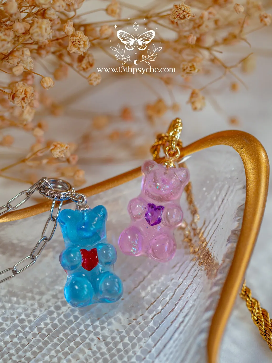 Heart gummy bear necklace, candy bear charm pendant