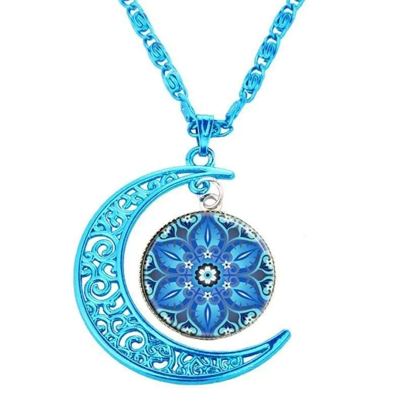 Henna Mandala Blue Glass Pendant Necklace