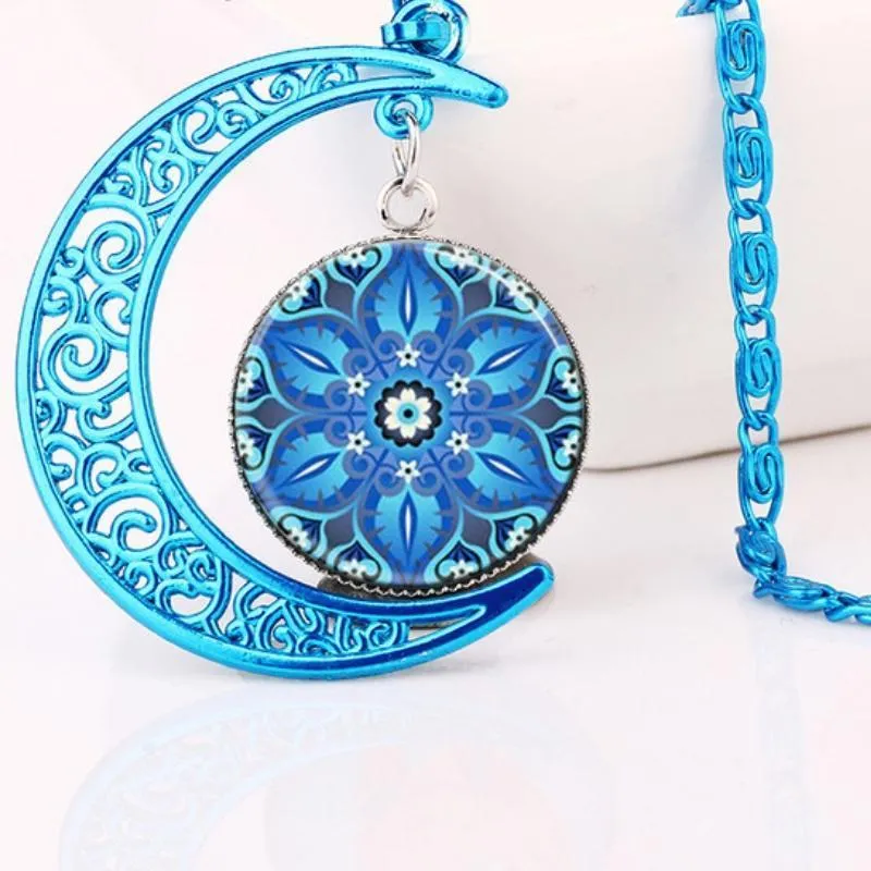 Henna Mandala Blue Glass Pendant Necklace