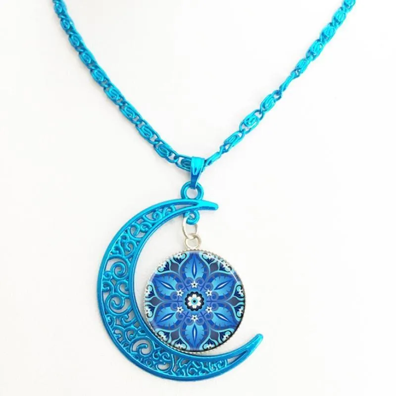 Henna Mandala Blue Glass Pendant Necklace