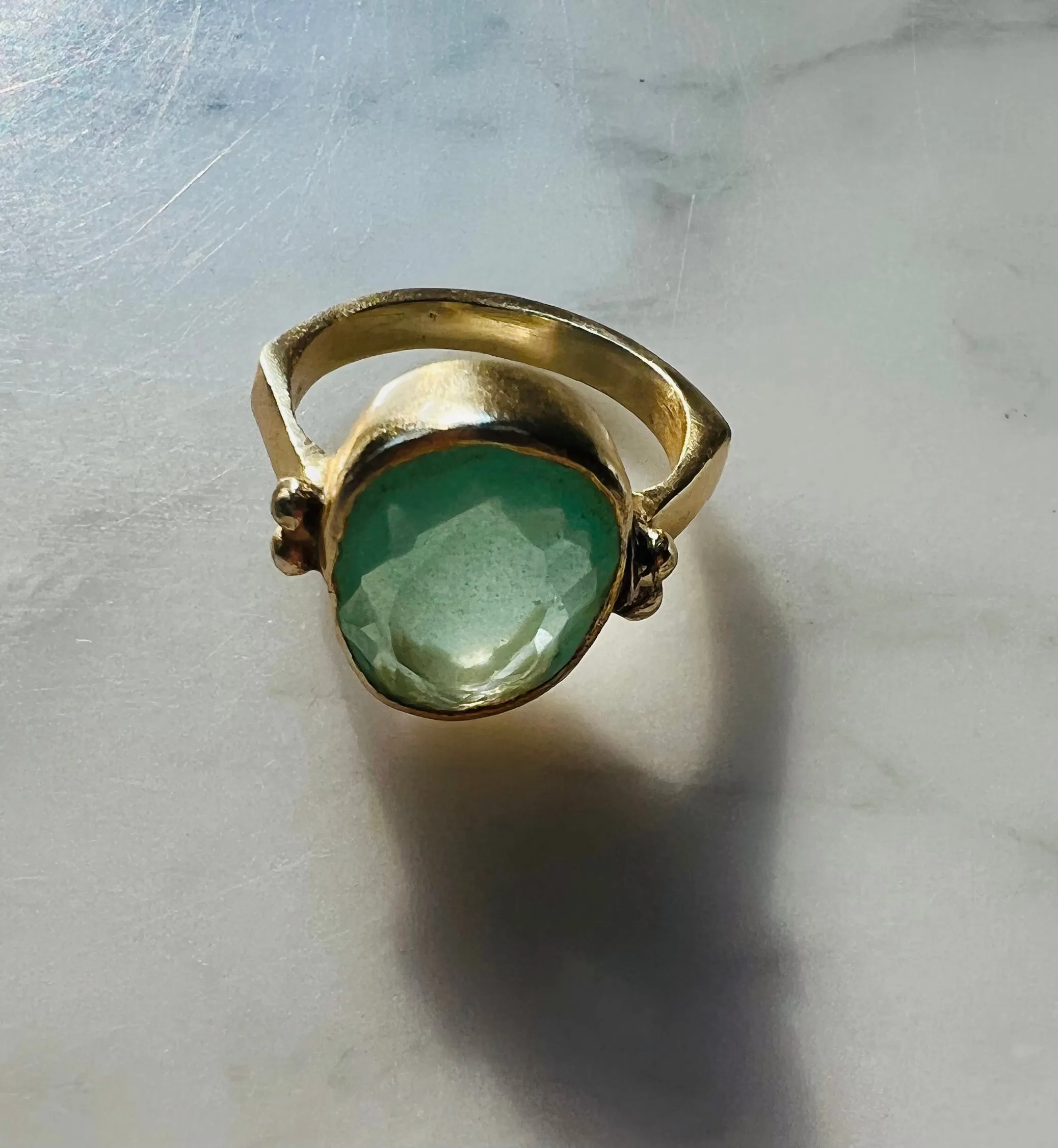 Highness: brass, aqua calci stone ring