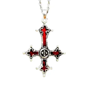 Inverted Silver Gothic Cross Pendant with Blood Red Inlay