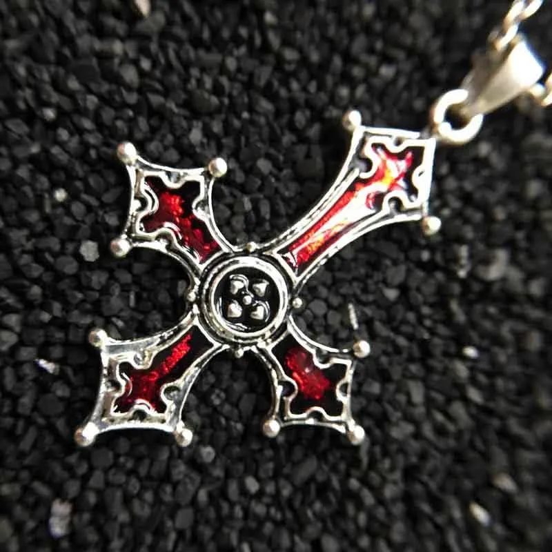 Inverted Silver Gothic Cross Pendant with Blood Red Inlay