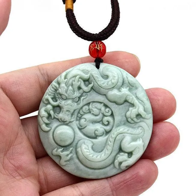 Jade Dragon Chasing the Flaming Pearl Pendant Necklace #119-1230