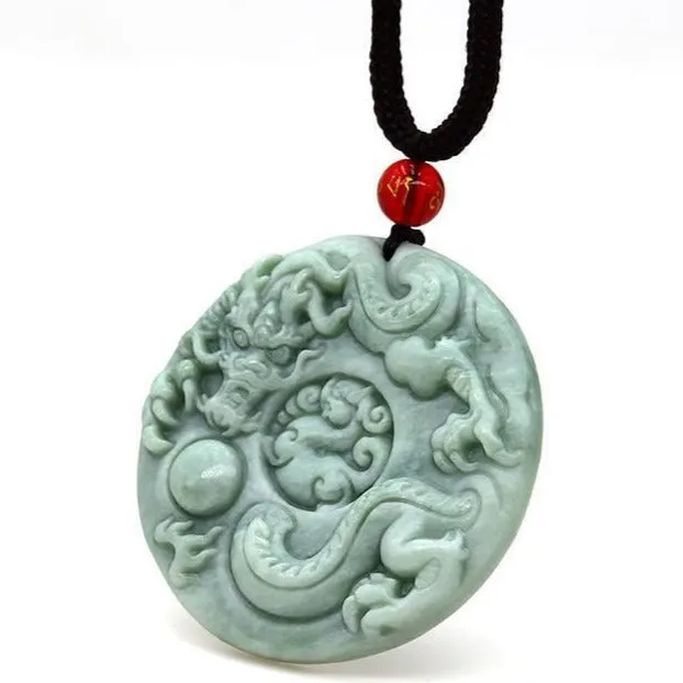 Jade Dragon Chasing the Flaming Pearl Pendant Necklace #119-1230