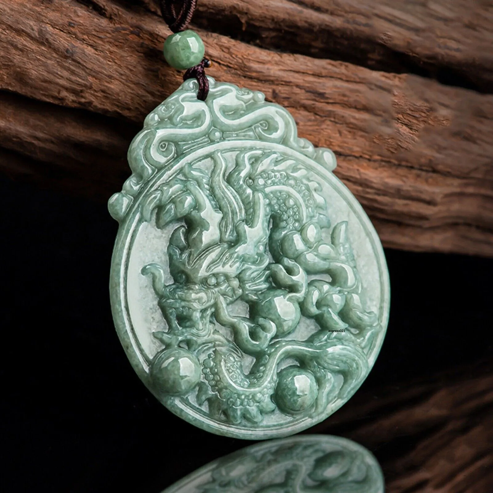 Jade Dragon Chasing the Flaming Pearl Pendant Necklace #36-1226