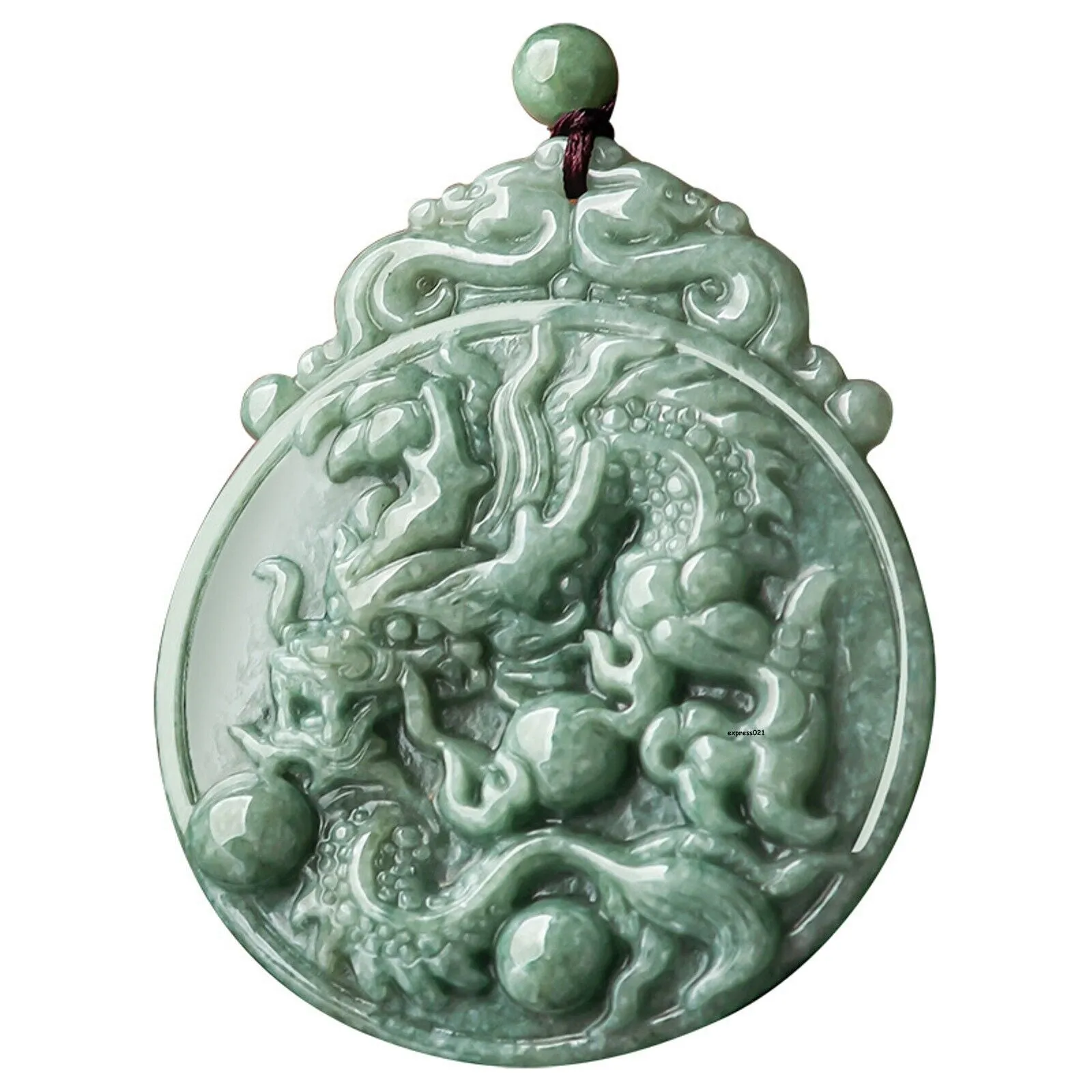 Jade Dragon Chasing the Flaming Pearl Pendant Necklace #36-1226