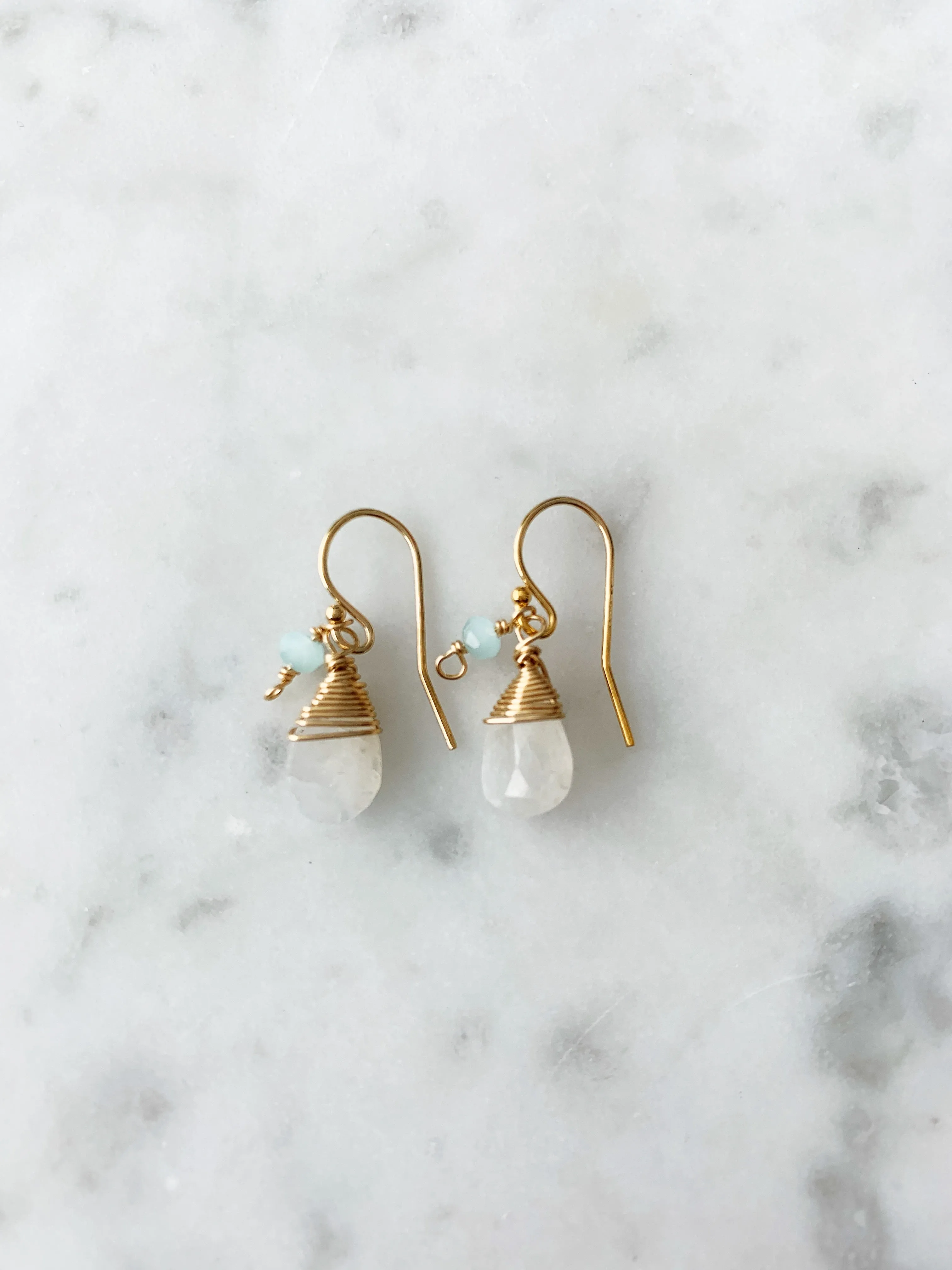 Jill Short Drop Earrings in Rainbow Moonstone with Chalcedony Drop