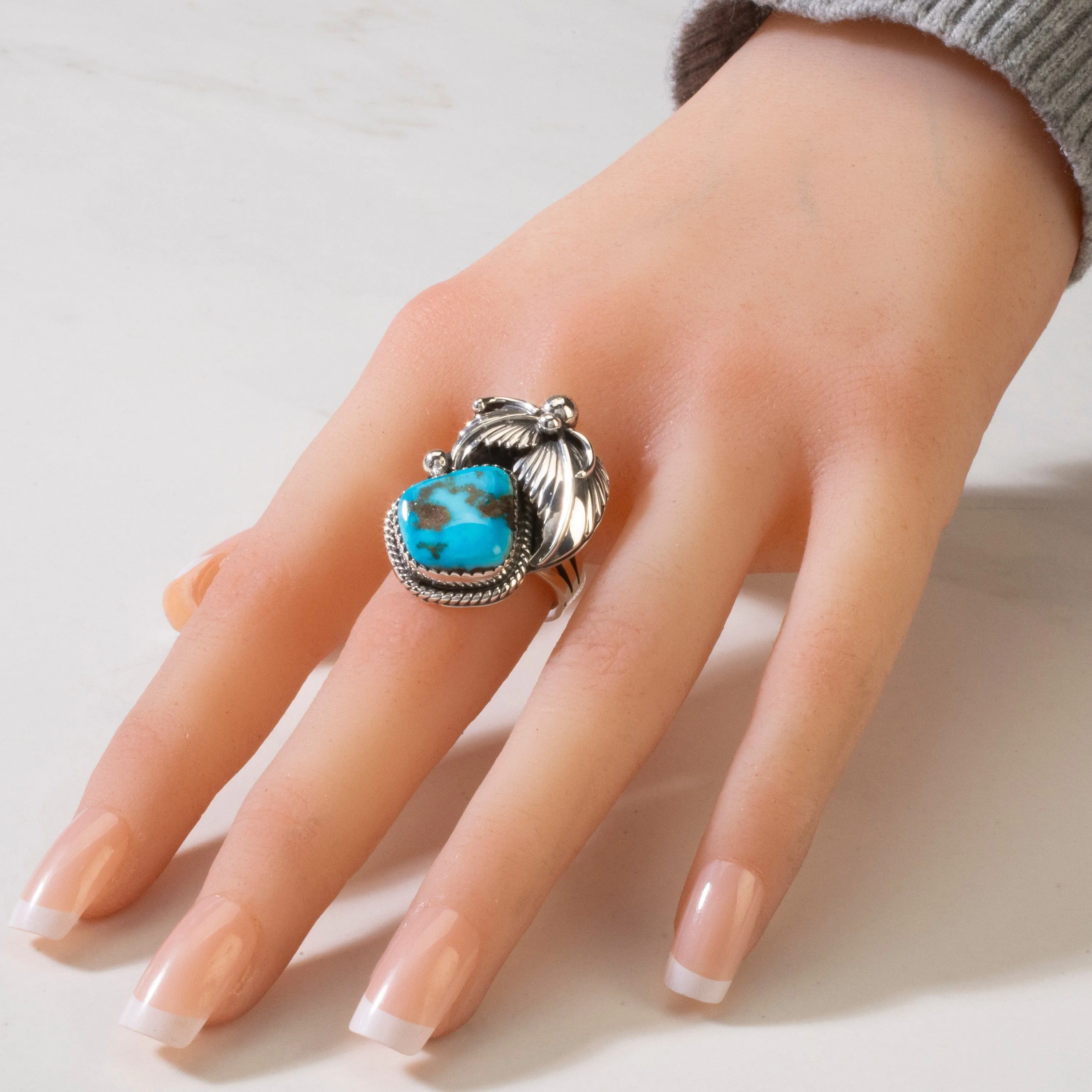 Joe Piaso Jr. Sleeping Beauty Turquoise Feather Navajo USA Native American Made 925 Sterling Silver Ring