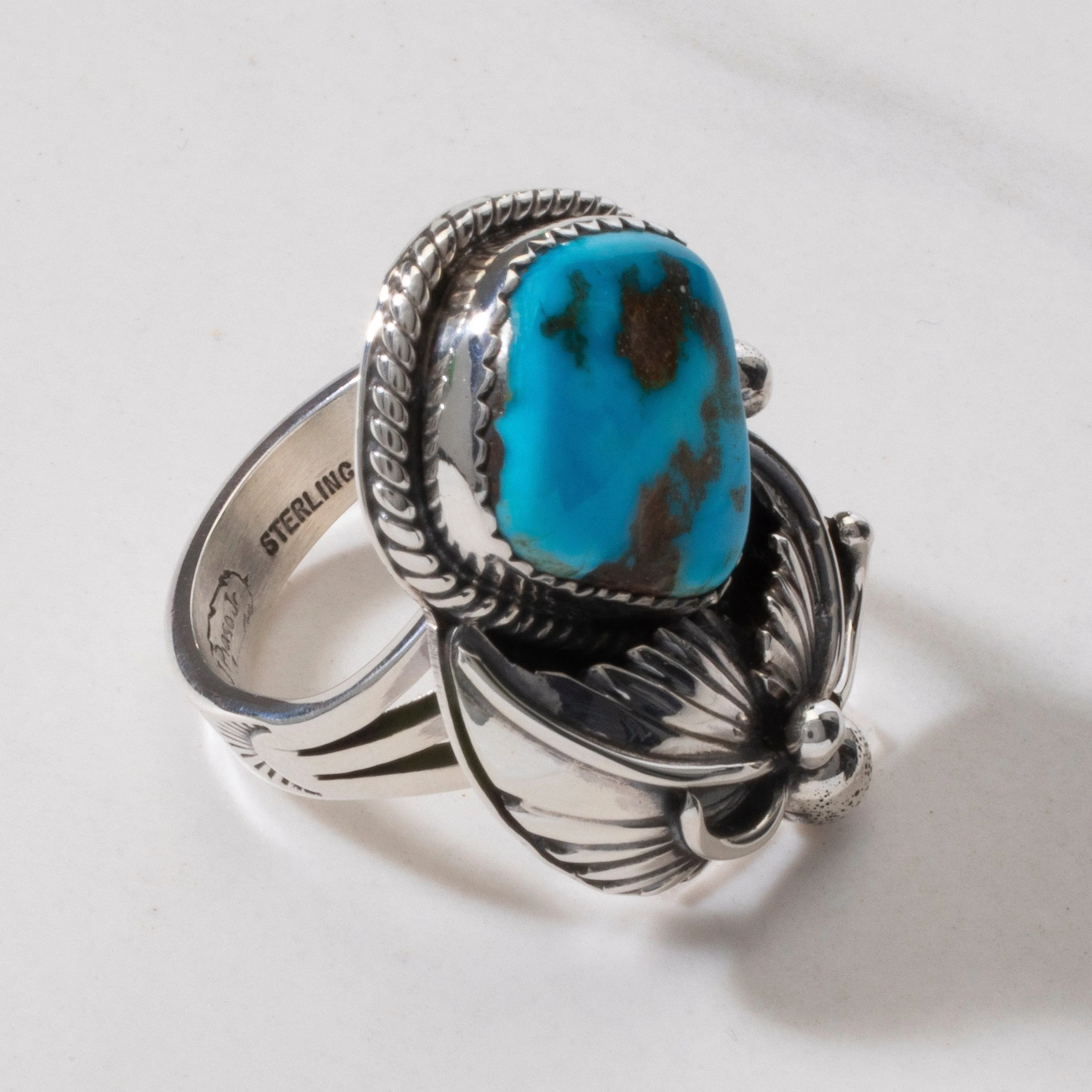 Joe Piaso Jr. Sleeping Beauty Turquoise Feather Navajo USA Native American Made 925 Sterling Silver Ring