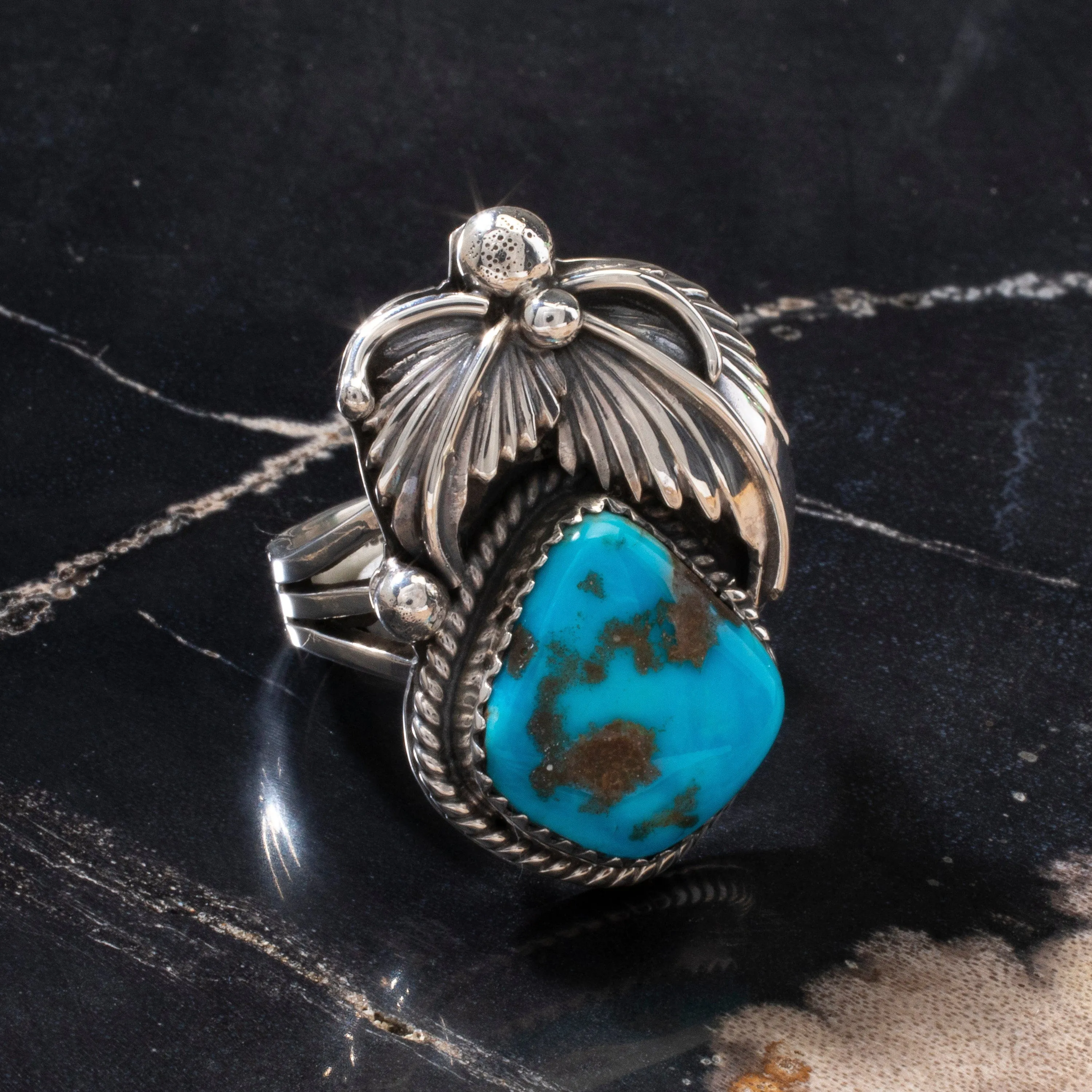 Joe Piaso Jr. Sleeping Beauty Turquoise Feather Navajo USA Native American Made 925 Sterling Silver Ring