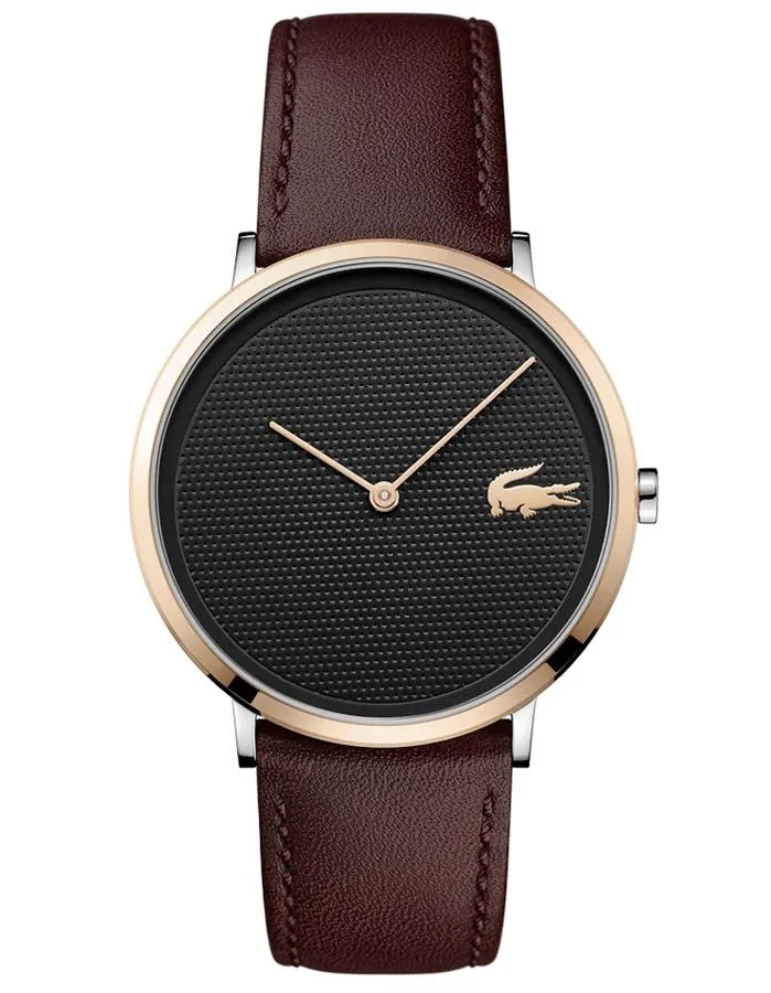 Lacoste Mens Moon Watch - Stainless & Rose Gold -Black Dial -Brown Leather Strap