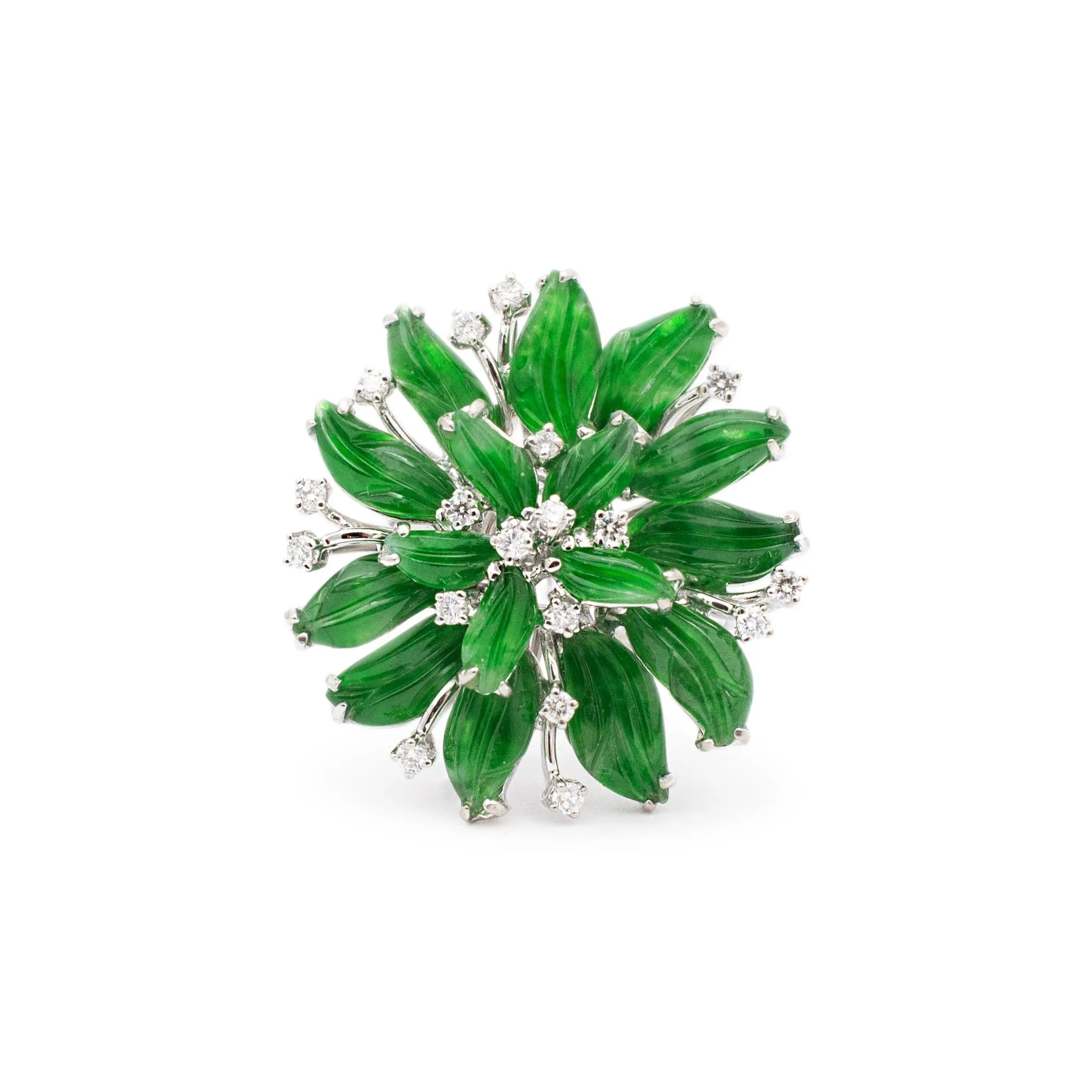 Ladies 18K White Gold Leaf Shaped Jade & Round Diamond Cocktail Ring/Pendant