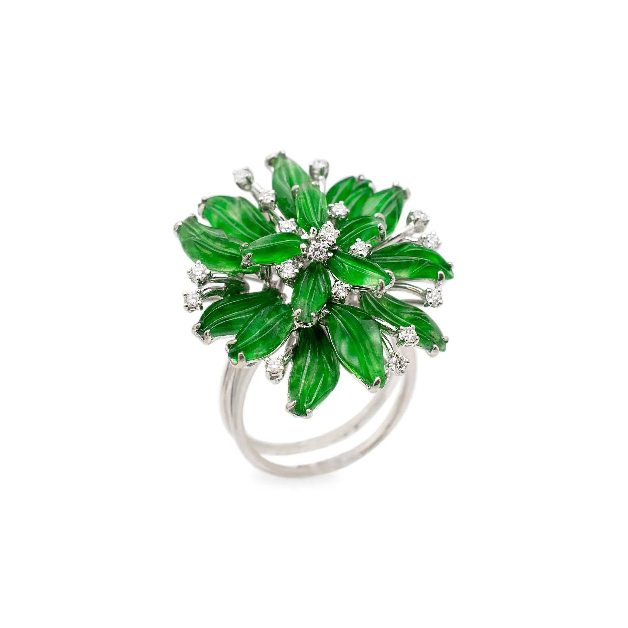 Ladies 18K White Gold Leaf Shaped Jade & Round Diamond Cocktail Ring/Pendant