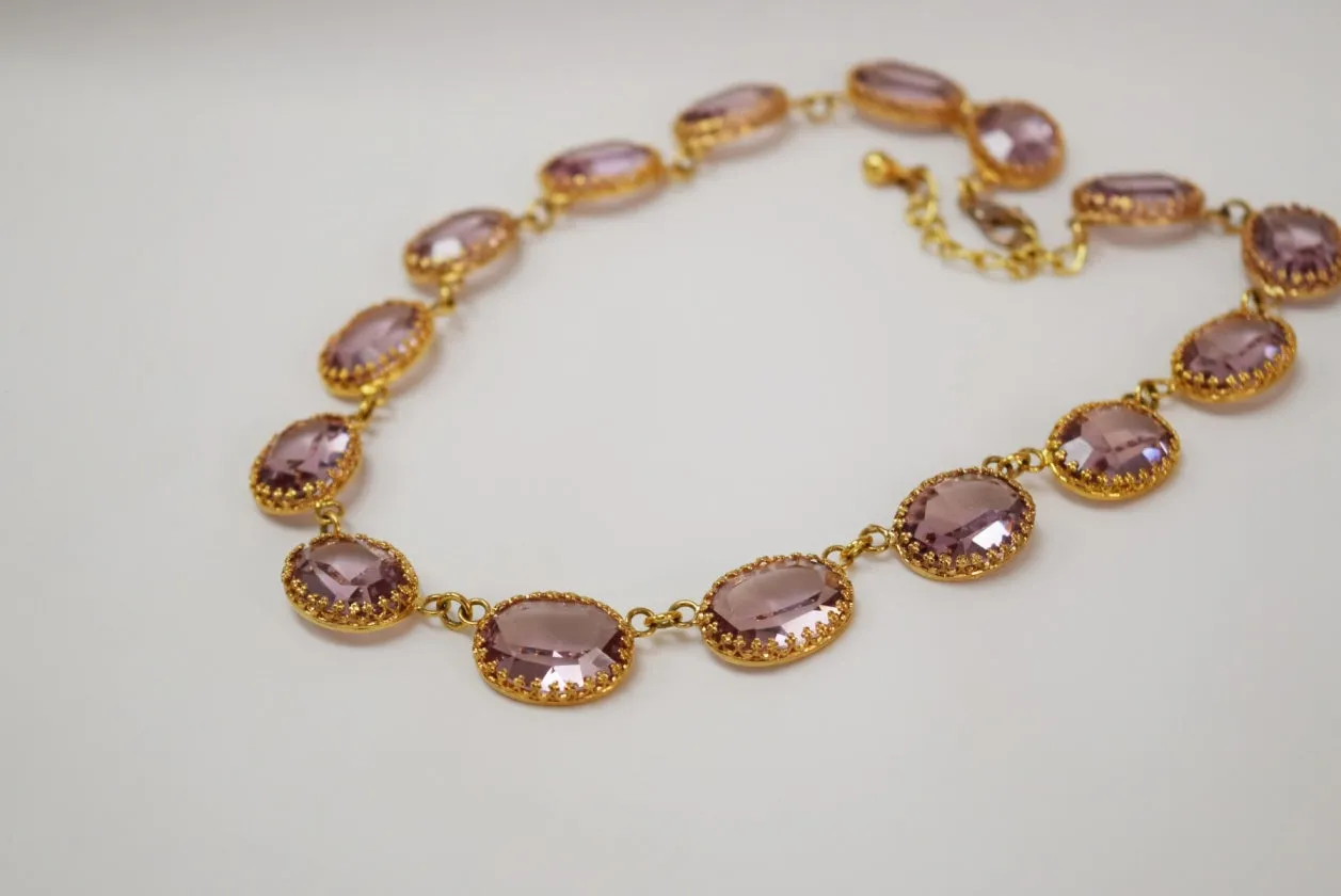 Light Amethyst Swarovski Crystal Collet Necklace - Large Oval