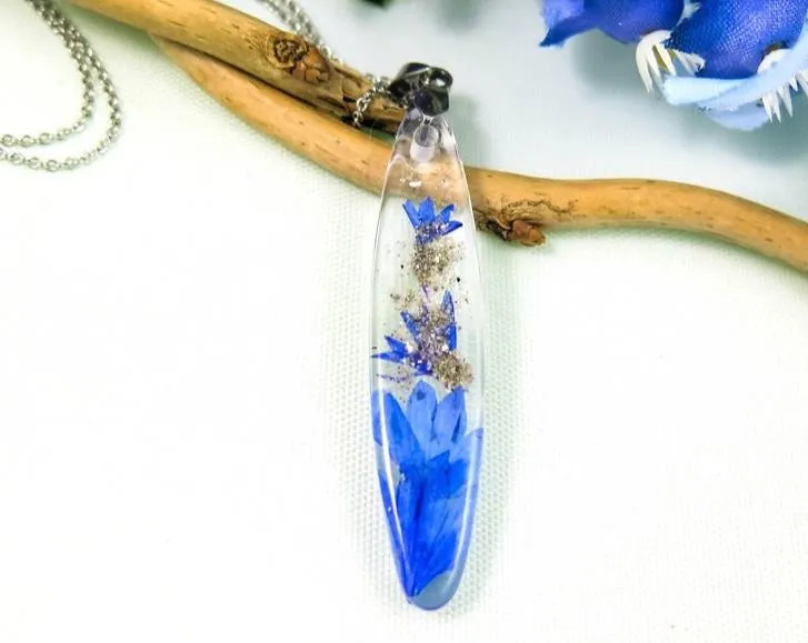 Long Cornflower Pendant with Infused Ash