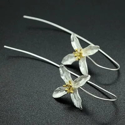 Lovely Long Flower Earrings - 925 Sterling Silver